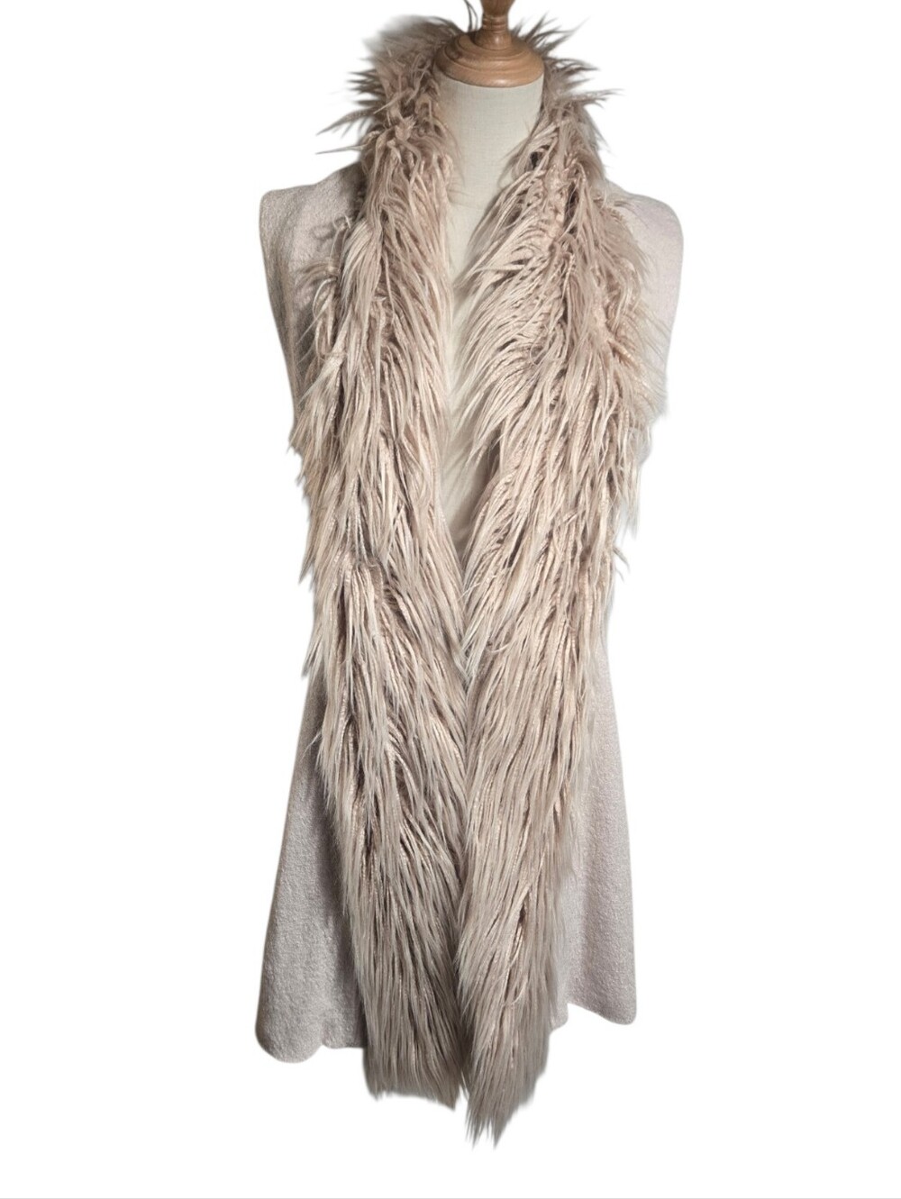 Luii Anthropologie Tan Wool Blend  Boho Faux Fur Trim Open Midi Vest